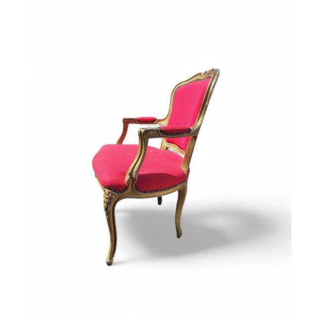 Vintage French Louis XV Style Giltwood Armchair with Rococo Carved Frame and Nailhead Trim, 1940s For Sale - Image 13 of 17