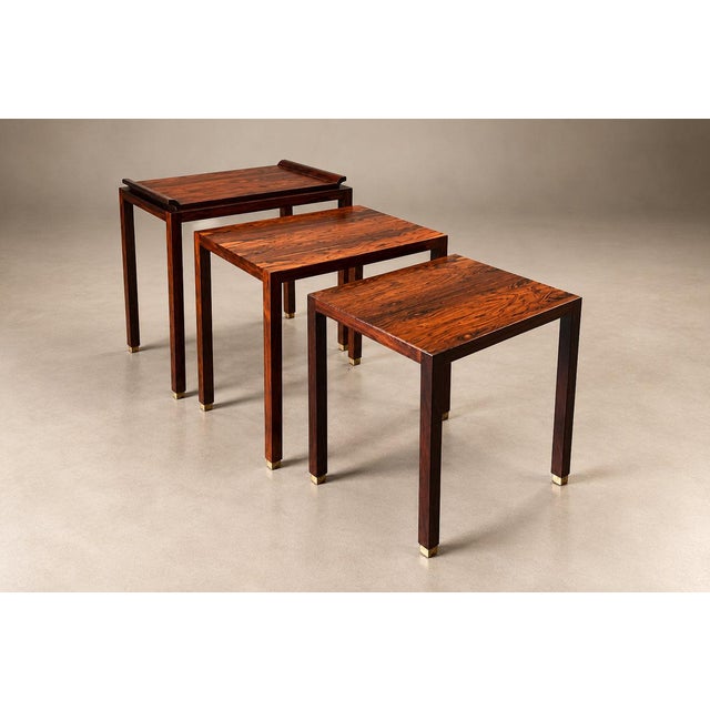 Set of Three Brazilian Rosewood Nesting Tables with Removable Tray & Brass Sabots, 1960s For Sale - Image 12 of 18