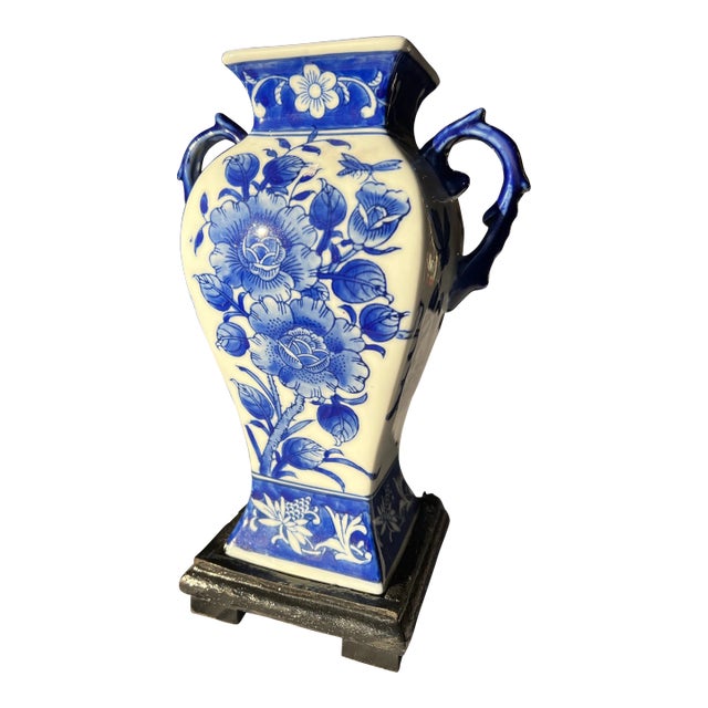 1970s Blue and White Floral Vase For Sale