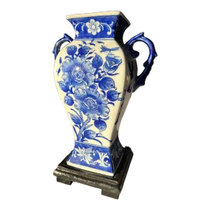 1970s Blue and White Floral Vase