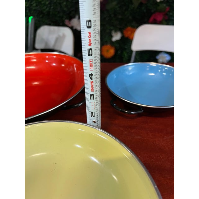 1970s Yugoslavia Collection of Enamel Bowls, Red, Yellow, Blue For Sale - Image 10 of 11