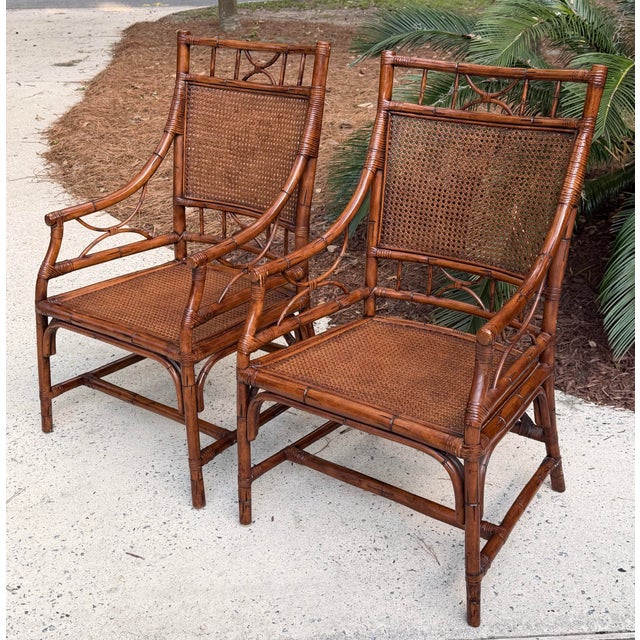 Chinoiserie Vintage Chinoiserie Rattan Bamboo Armchairs Woven Cane Seat & Backrest 1970s Vintage For Sale - Image 3 of 14