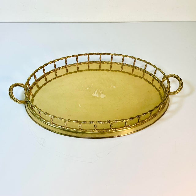 Mid-Century Hollywood Regency Boho Chic Coastal Faux Bamboo Brass Tray, Mottahedeh Attributed For Sale - Image 13 of 16