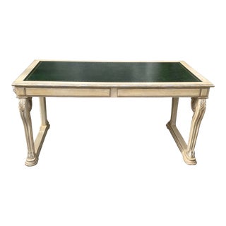 Regency Style Dennis & Leen Green Leather Top White & Silver Writing Table Desk For Sale