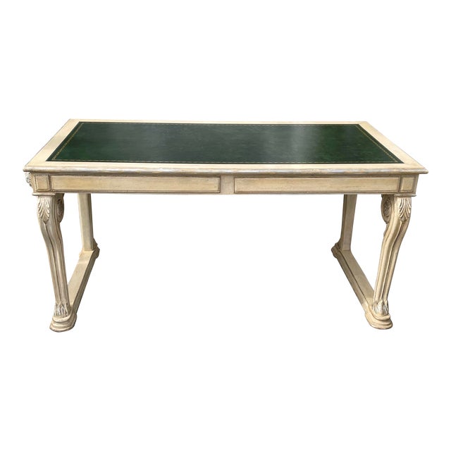 Regency Style Dennis & Leen Green Leather Top White & Silver Writing Table Desk For Sale