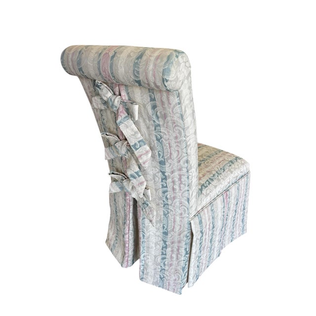 Set of seven vintage Designmaster Parsons-style skirted dining chairs, featuring clean architectural lines softened by...