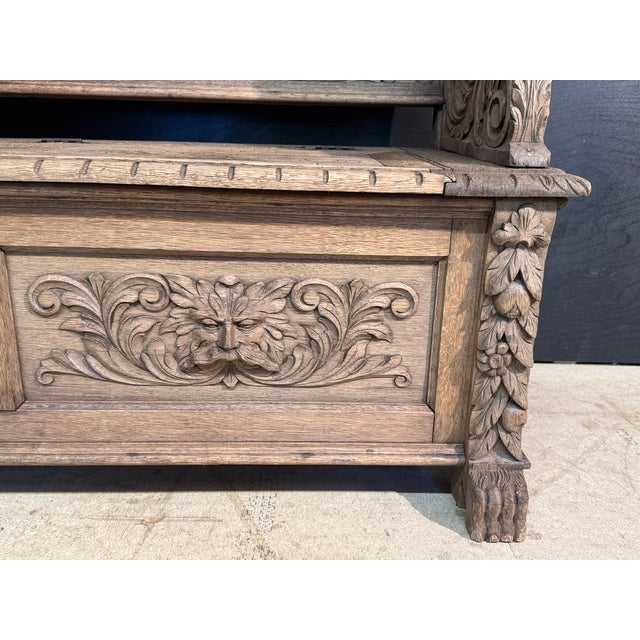 Antique French Carved Oak Bench with Tavern Scene, 1850 For Sale - Image 14 of 18