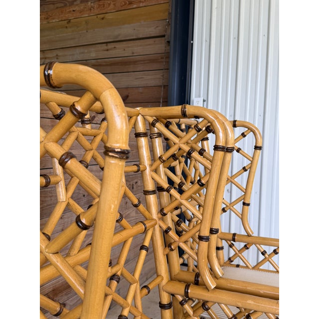 Pair of Vintage Coastal Faux Bamboo Rattan Lattice Armchairs by French Heritage For Sale - Image 10 of 12