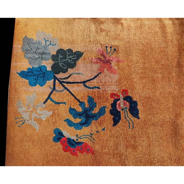 Textile 1920s Orange Medallion Scene Antique Chinese Art Deco Carpet 6' X 8'6 Knotted Wool Rug For Sale - Image 7 of 9
