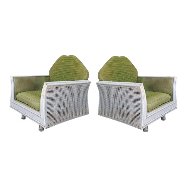 Hollywood Regency Faux Bamboo Lounge Chairs With Cane Back - a Pair For Sale