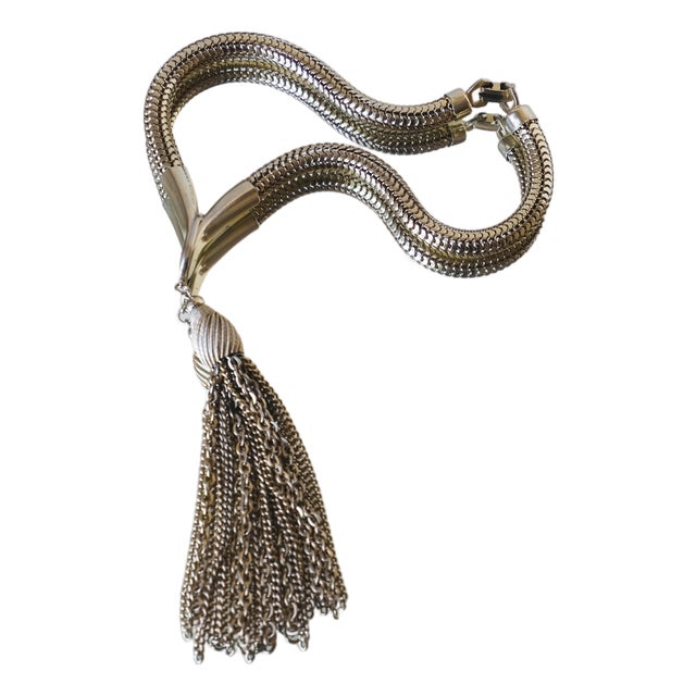 Vintage 1970s Snake Chain Tassel Choker Necklace, Gold-Tone Choker For Sale
