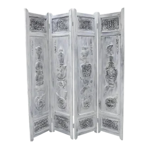 Late 20th Century Boho Chic Oriental 4 Panel Screen White Distress Painted Wooden Room Divider