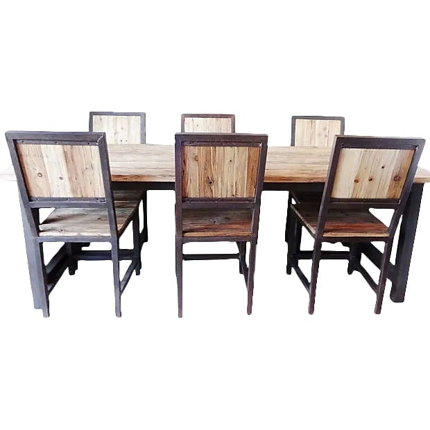 Industrial Wood & Iron Dining Set For Sale