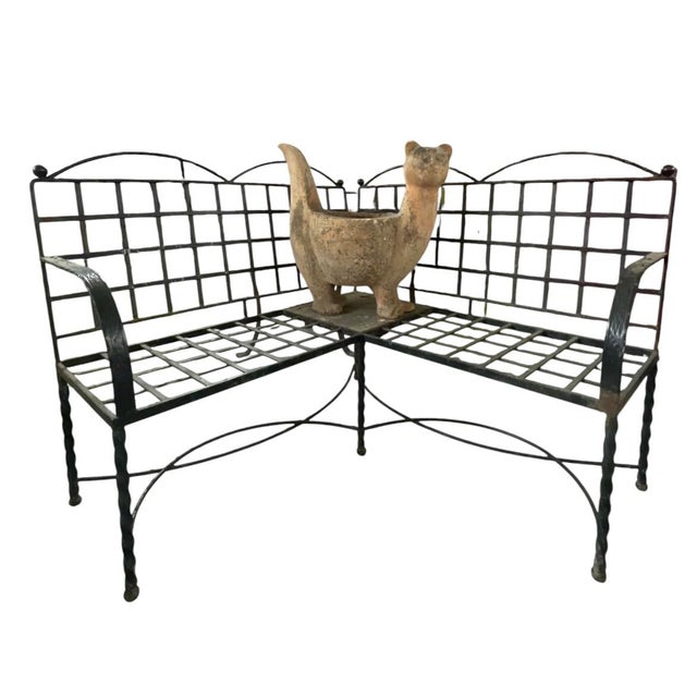 Vintage Wrought Iron Corner Bench With Terracotta Cat Statue Planer For Sale - Image 4 of 12