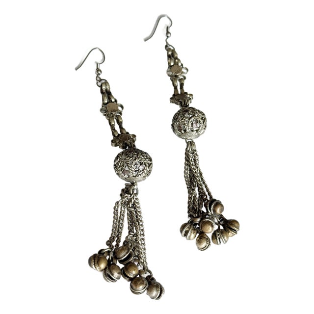 Vintage 1990s Bohemian Silver Brass Tone Filigree Bell Drop Earrings, Pair For Sale