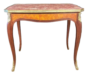 French Louis XV Marble Top Side Table With Inlaid Wood Apron and Brass Gallery
