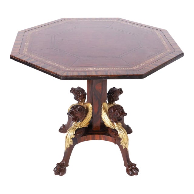 Antique English Leather Top Center Table With Lion Heads For Sale