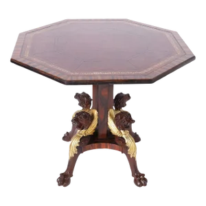 Antique English Leather Top Center Table With Lion Heads