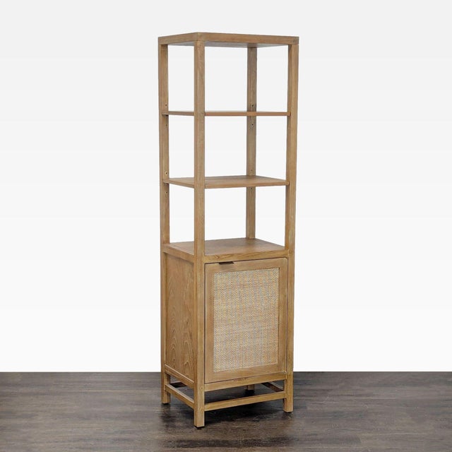 Teak and rattan tall storage cabinet. Brand: Crate & Barrel. Original Price: $1199. Dimensions (in): 22W x 18D x 76H.