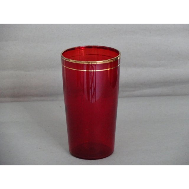 1940s MidCentury Modern Ruby Red Drinking Glass in Metal Carrying
