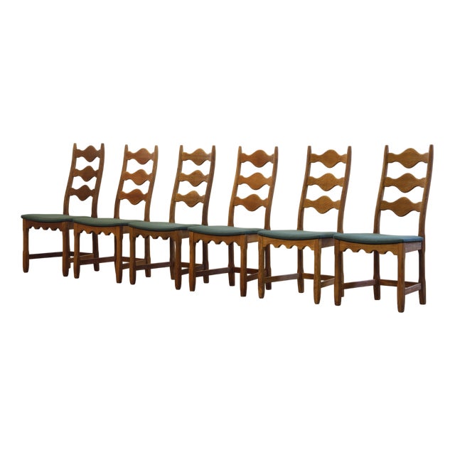 Vintage Danish Brutalist Ladderback Oak Chairs in the style of Henning Kjærnulf, 1960s, Set of 6 For Sale
