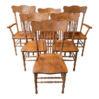 Vintage Hill & Sons Oak Pressed Back Dining Chairs, Set of Six For Sale