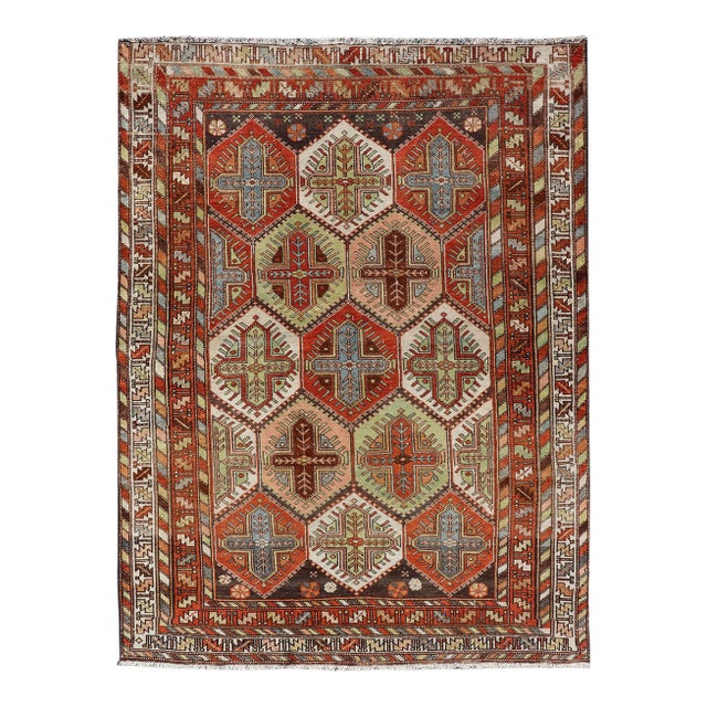 Antique Persian Tribal Motif Design With Crosses Bakhtiari Rug in Multi Colors 4'7 X 6'5 For Sale