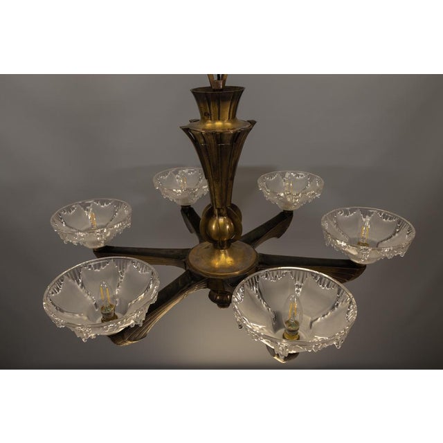 French Art Deco Six-Light Bronze & Frosted Glass Chandelier, 1930s For Sale - Image 13 of 18