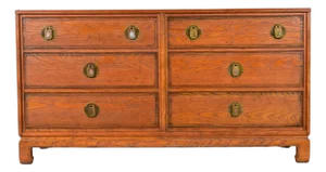 Davis Cabinet Company Mid-Century Modern Hollywood Regency Chinoiserie Teak Six Drawer Dresser, Circa 1960s