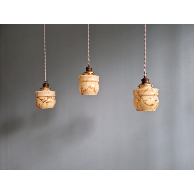Art Deco Pendant Lights in Opaline and Marbled Uranium Glass from Scailmont, Belgium, 1930s, Set of 3 For Sale - Image 16 of 18