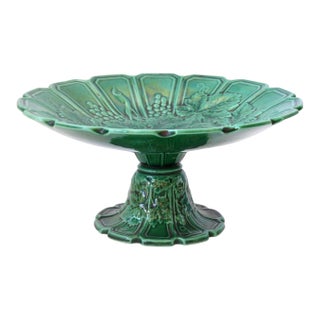 Antique French Green Majolica Compote For Sale