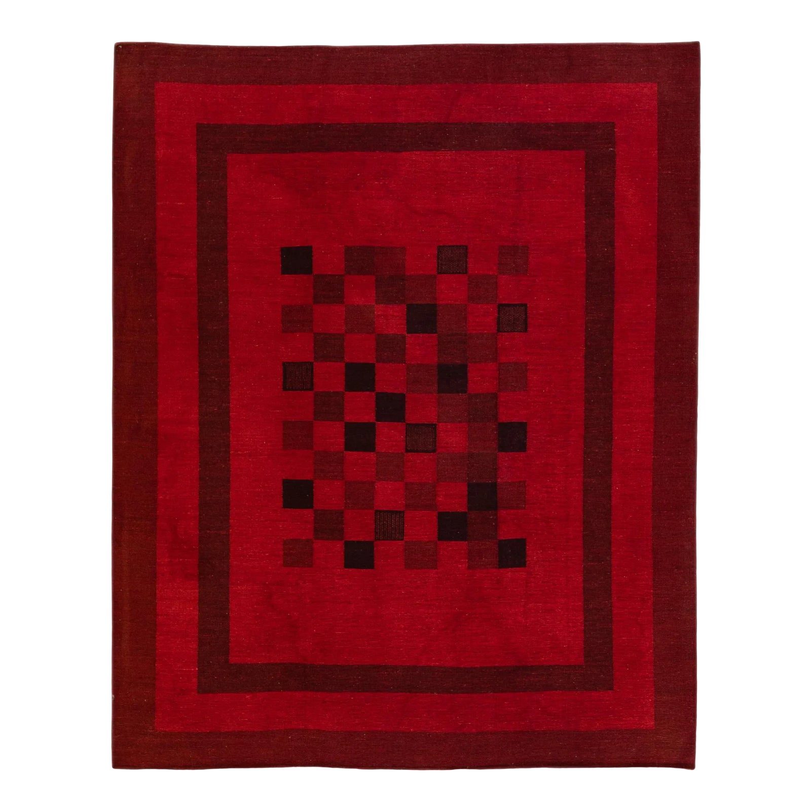 Modern Kilim Flatweave Chess Pattern Red Wool Rug | Chairish