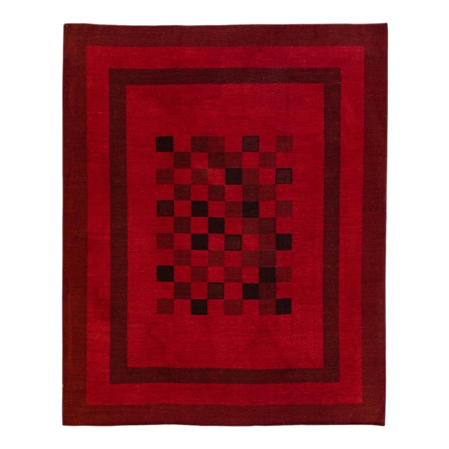 Modern Kilim Flatweave Chess Pattern Red Wool Rug For Sale