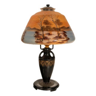 Antique Art Deco Moe Bridges Reverse Painted Landscape Boudoir Table Lamp 1920 For Sale