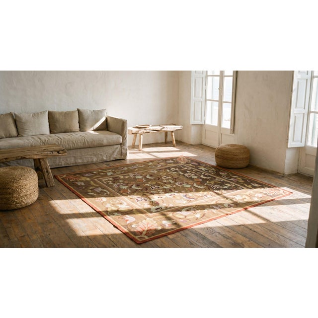 Textile 1830s Brown Floral Antique French Aubusson Rug 5'3"x 5'4" Louis Philippe - Period Flatweave Wool Carpet For Sale - Image 7 of 7