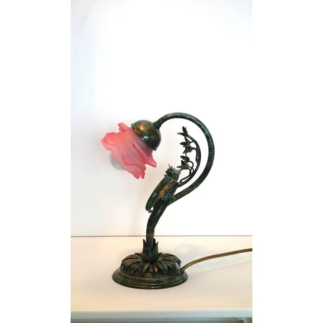 Mid-Century Modern Green Patinated Metal Rose Glass Shade Table Lamp, 1970s For Sale - Image 3 of 11