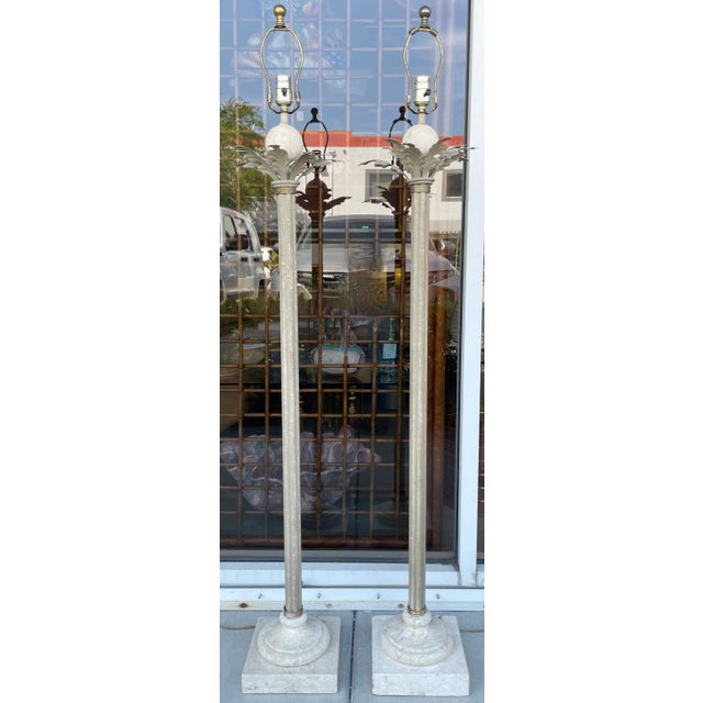 Coastal Pair of Fossil Stone & Metal Palm Tree Fronds Floor Lamps From 80's For Sale - Image 3 of 6