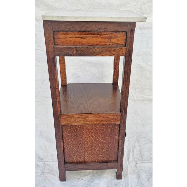 Antique 1920s French Oak Nightstand Carved Oak Tree & Acorn Design White Marble For Sale - Image 4 of 12