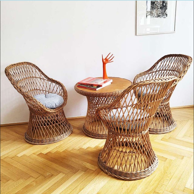 Mid-Century wicker furniture set / 1960s Stylish 3-piece vintage wicker furniture set Consists of 3 armchairs (with...