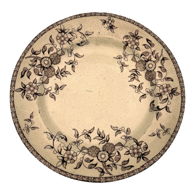 Antique English Brown Transferware Plate – Asian-Inspired Floral For Sale