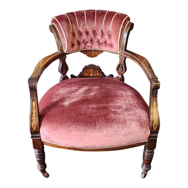 19th Century Antique Victorian Velvet Marquetry Fauteuil Parlor Armchair For Sale