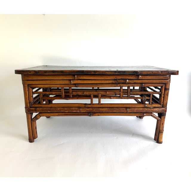 Antique Chinoiserie Bamboo Low Table Display W/Black Elm Top For Sale - Image 4 of 8
