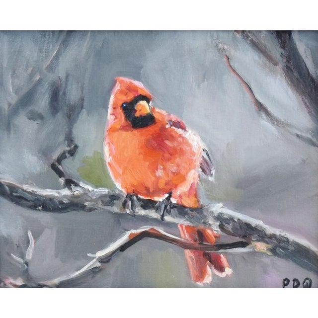 Red Cardinal Bird Impressionist Oil Painting Displayed in an Antiqued ...