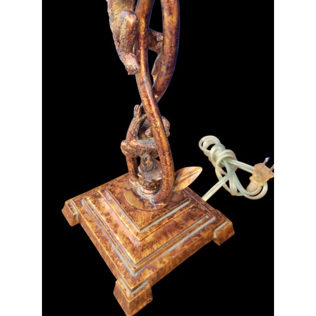 Hollywood Regency Vintage Tall Tortoiseshell Finish 3 Monkeys Climbing Table Lamp With Rectangular Shade For Sale - Image 3 of 9