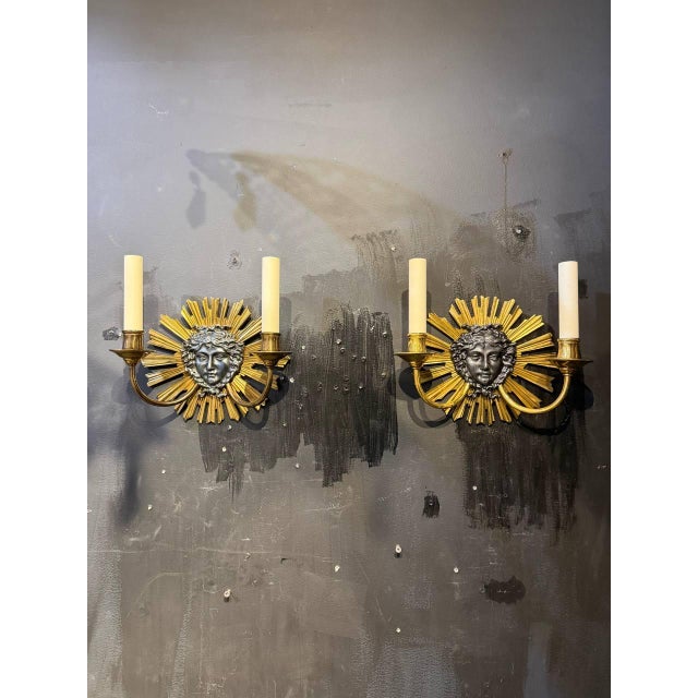 Bronze 1930 Louise XIV Style Sunburst Shape Bronze Sconces 2 Lights For Sale - Image 8 of 8