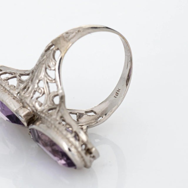 Metal Vintage Art Deco Amethyst Diamond Ring Filigree 14k White Gold Elongated Pear 4 size 4 For Sale - Image 7 of 7
