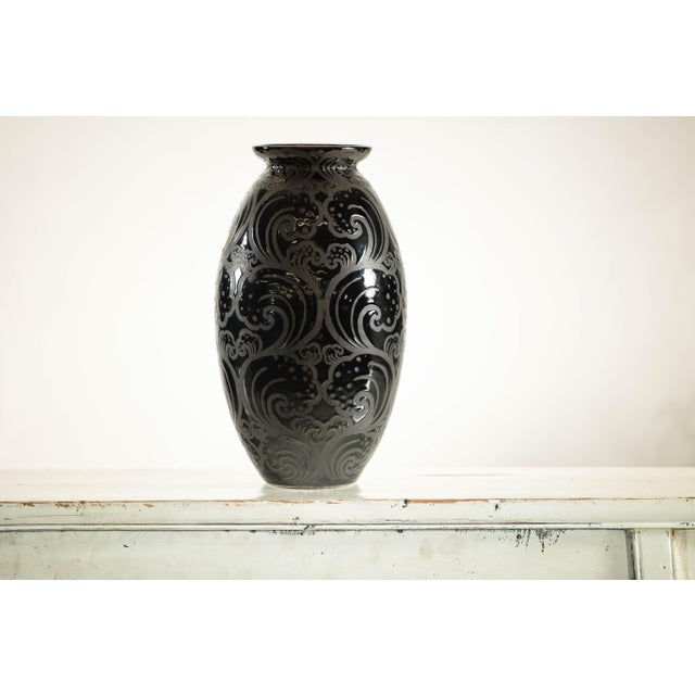 Black Ceramic Vase with Raised Wave Motif and Glossy Finish For Sale - Image 11 of 12