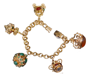 Vintage Portuguese Italian Solid 19.2k & 18k Gold Etruscan Revival Multigem Fob Charm Bracelet