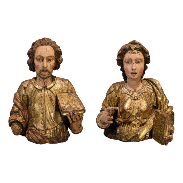 Aniello Stellato, Saint John and Saint Catherine, 17th Century, Wood, Set of 2 For Sale