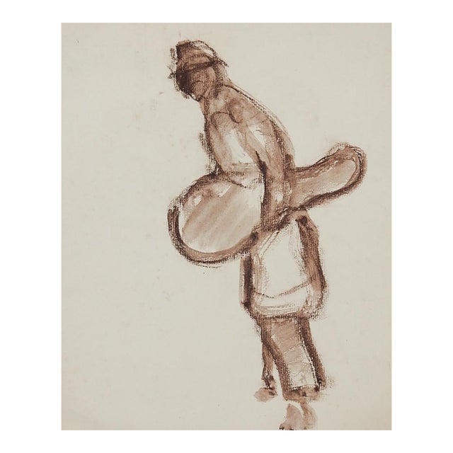 Mid 20th Century French Impressionist Study of Musician Sepia Watercolor Painting For Sale